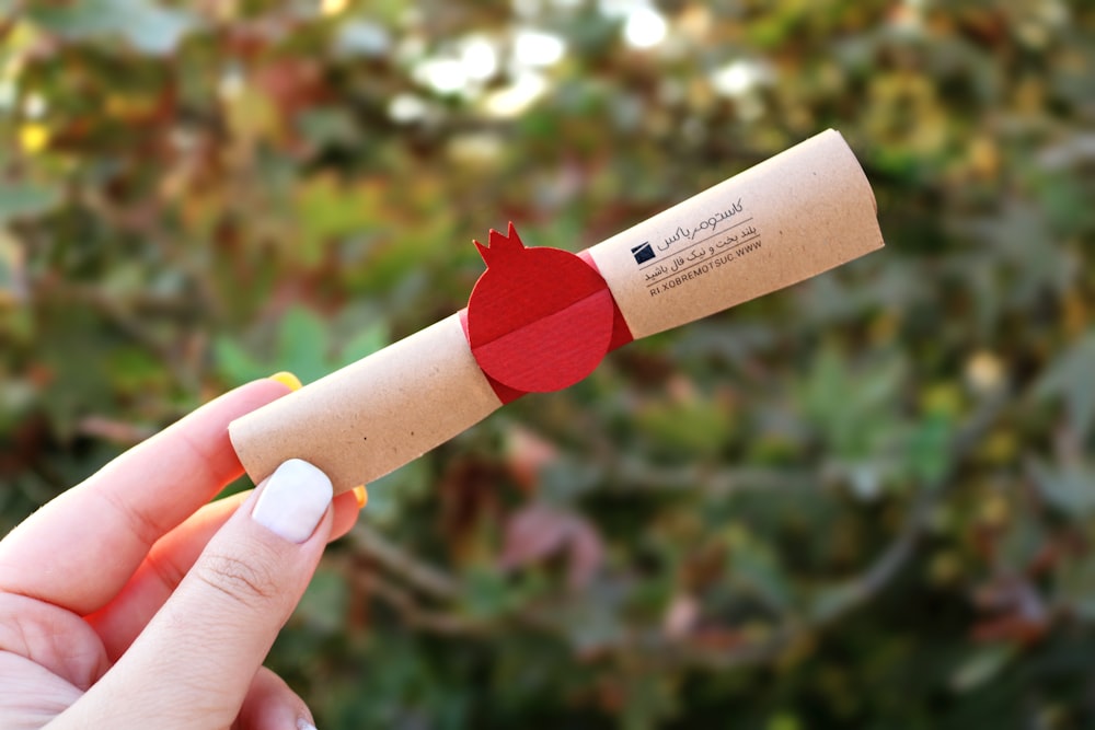 a person holding a piece of paper with a red apple on it