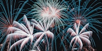 Bright and colorful fireworks bursting against a dark night sky, with a variety of shapes and sizes creating an intricate and dynamic display.