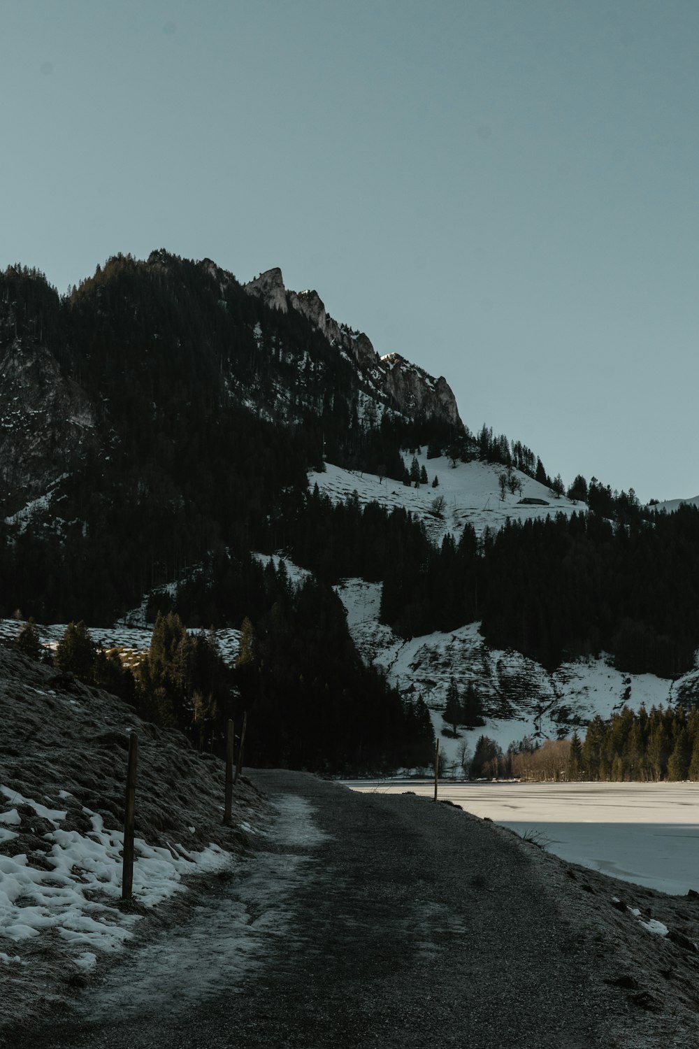 a snow covered mountain with a lake and trees