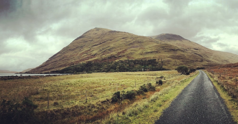 a country road with a mountain in the background