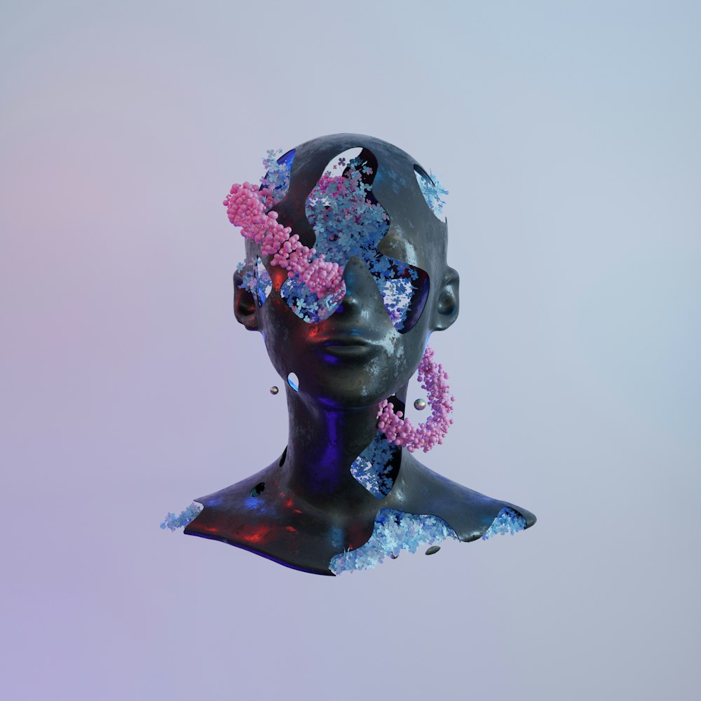 a black mannequin with pink and blue flowers in her hair