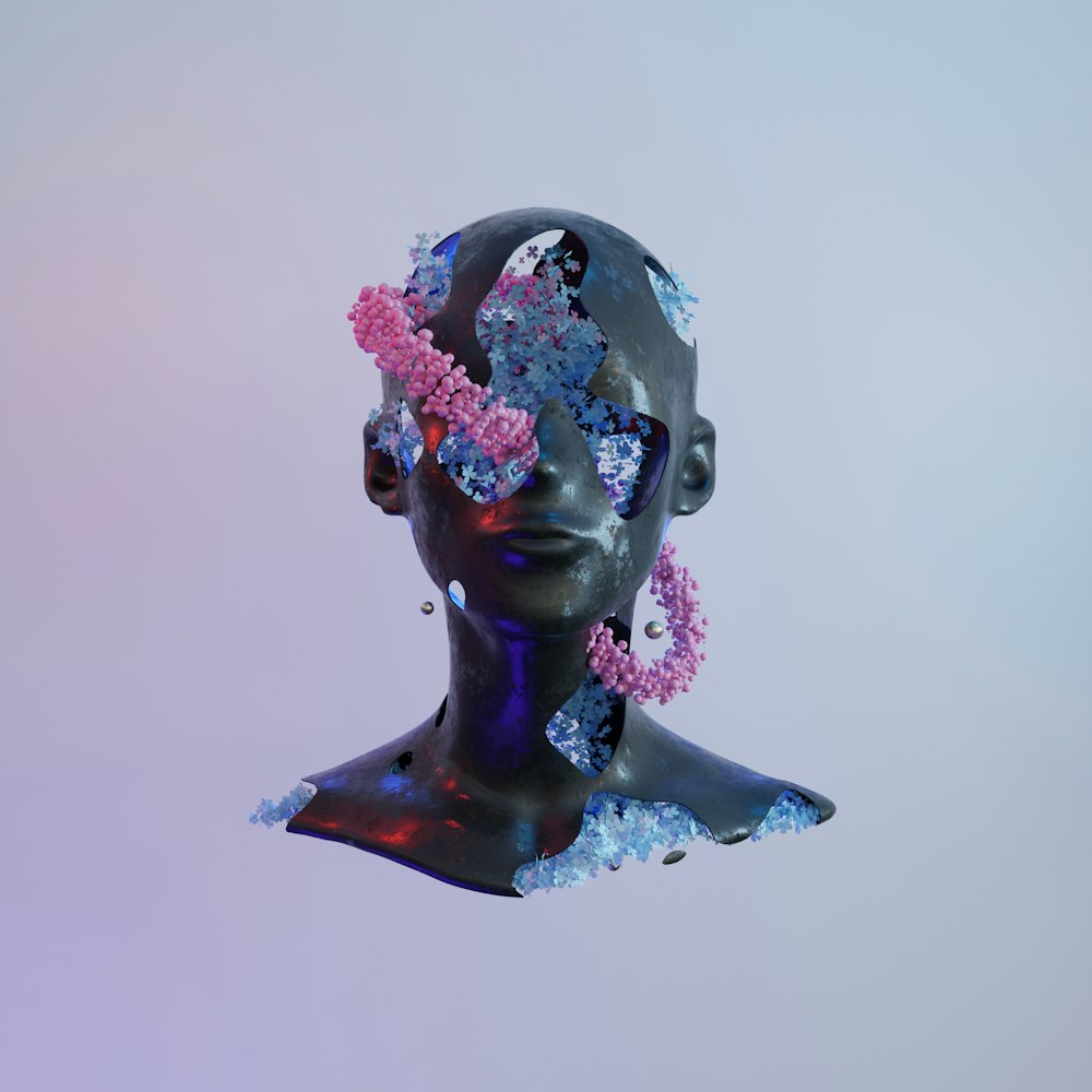 Un mannequin noir avec des fleurs roses et bleues dans les cheveux