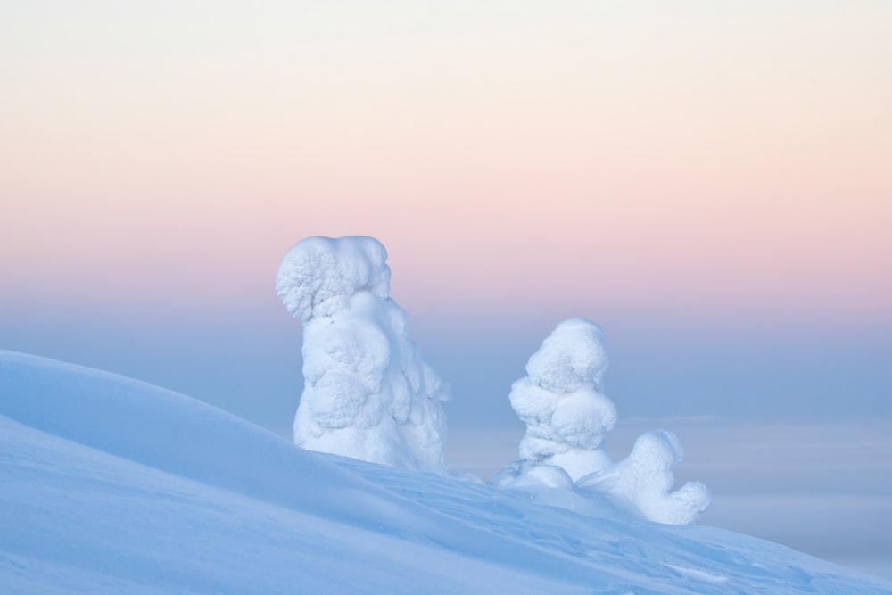 Un par de esculturas de nieve sentadas en la cima de una pendiente cubierta de nieve