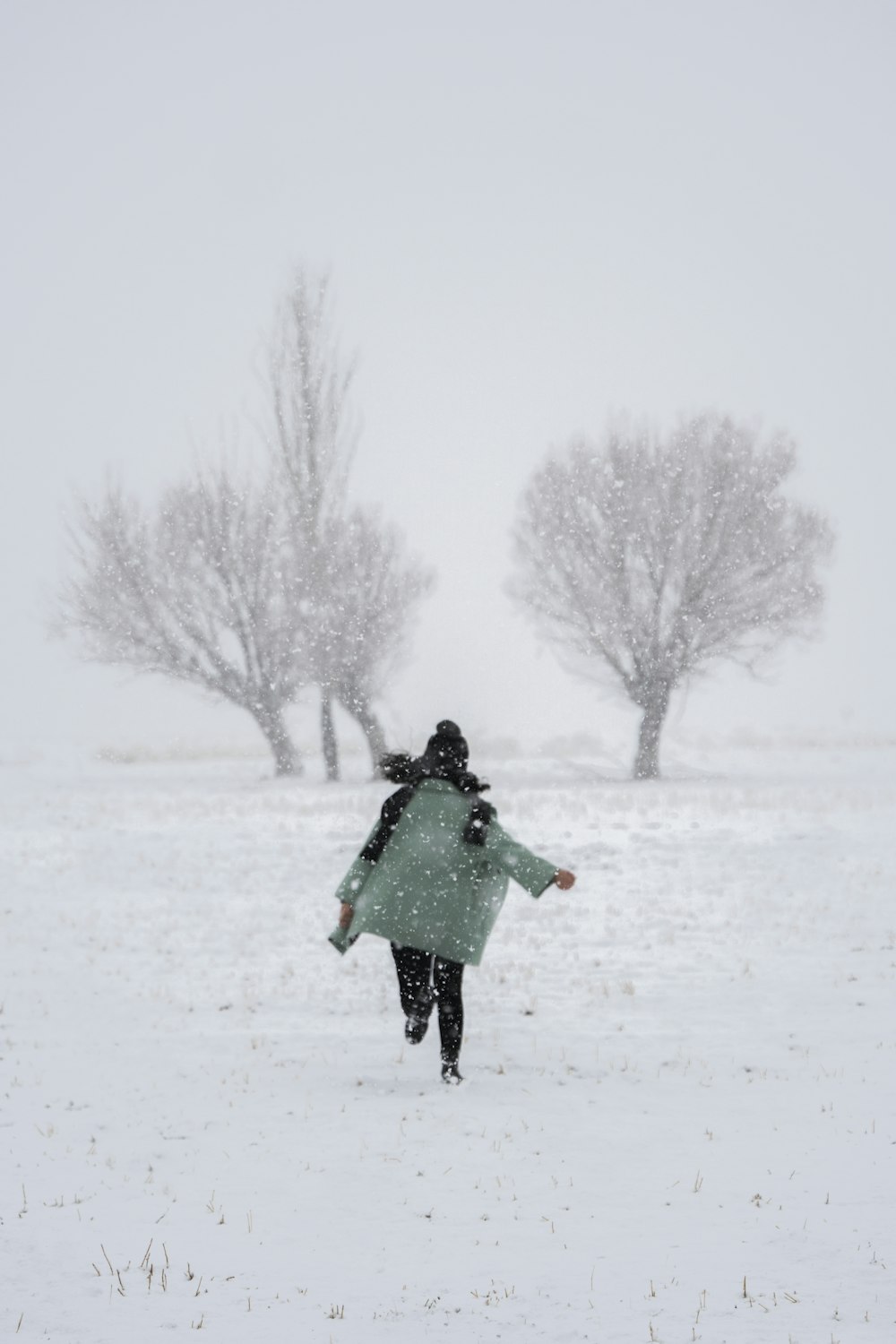 uma mulher que caminha através de um campo coberto de neve