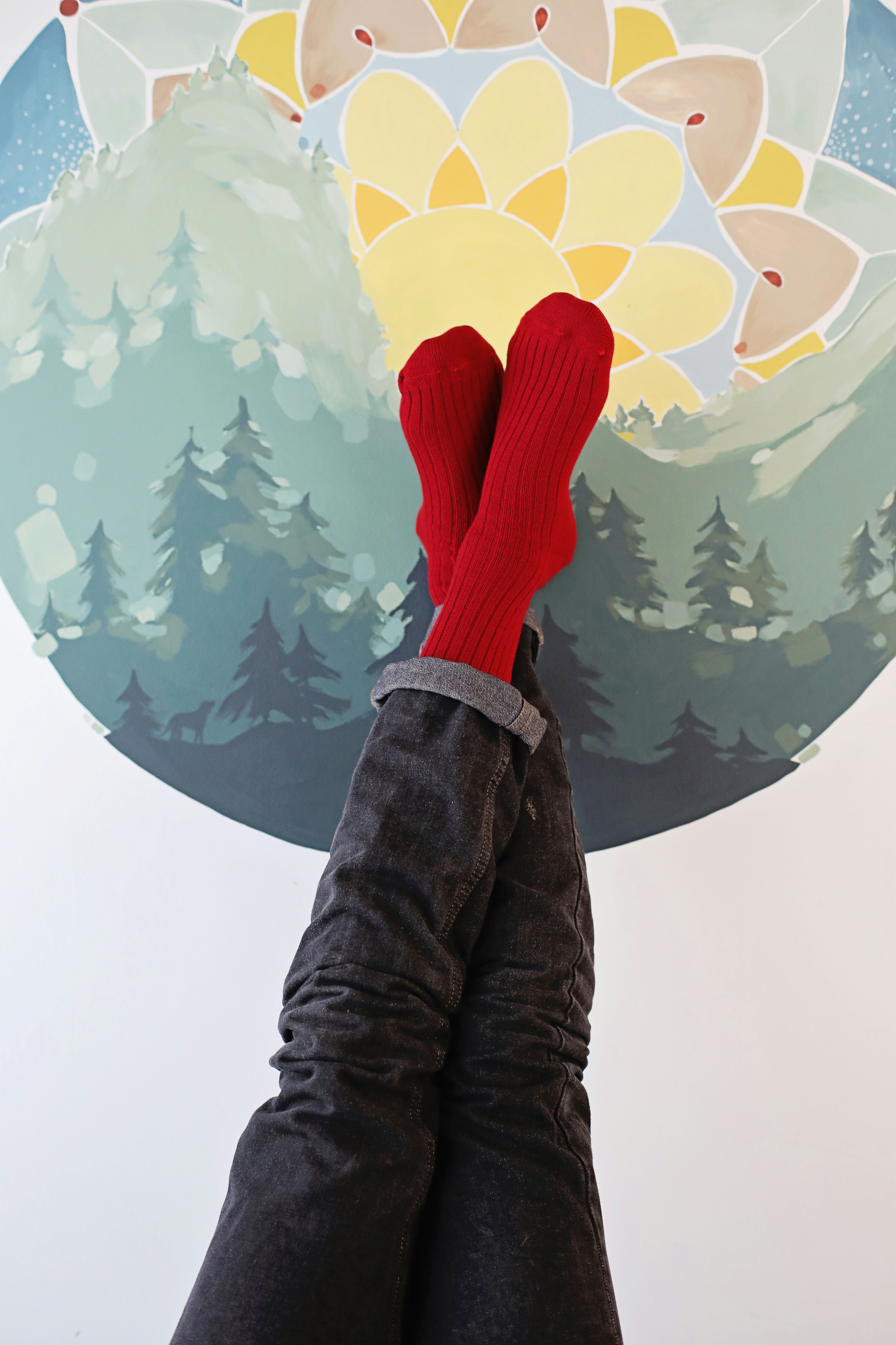 Rainbow display of ski socks at The Sock Bin