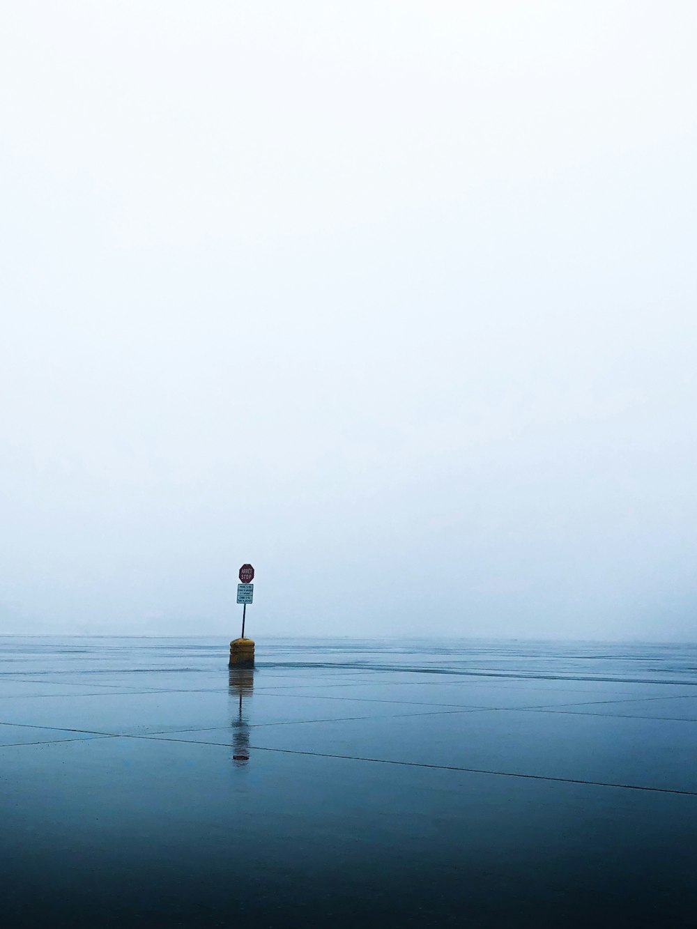 a person standing on a pole in the middle of a large body of water