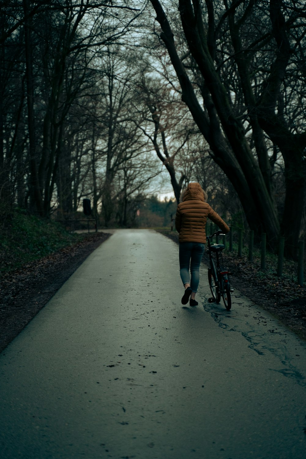 a person walking a bike down a road