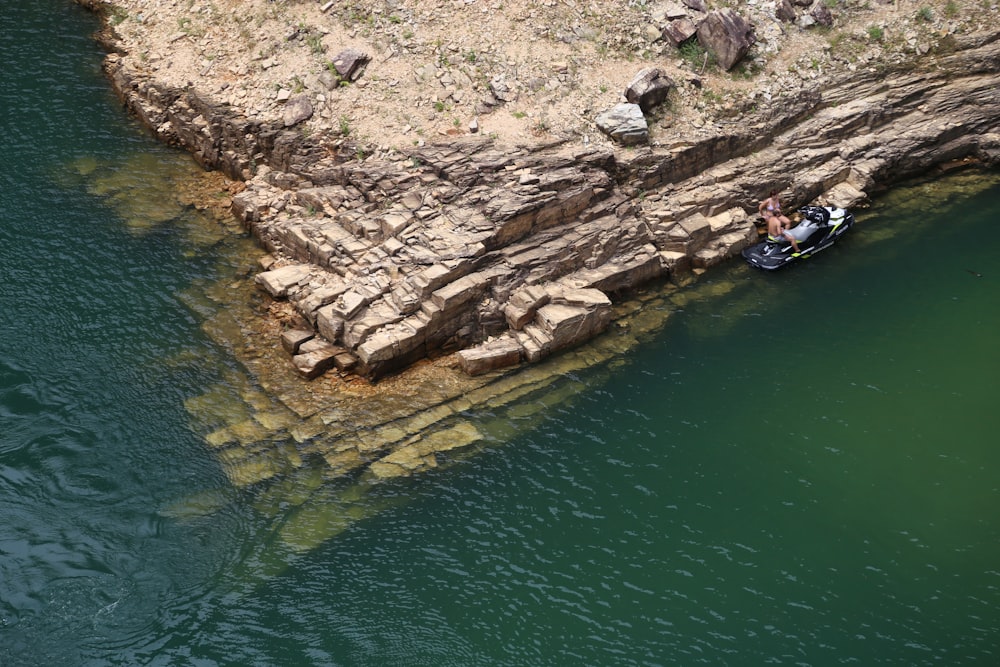 two people in a small boat on a body of water