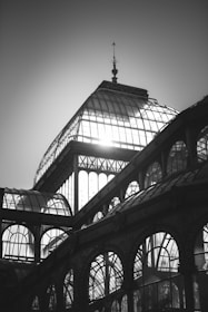a black and white photo of a glass building