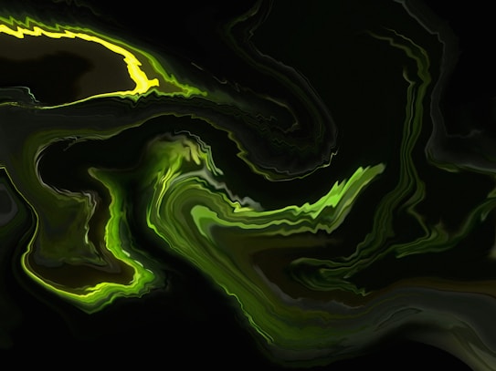 Swirling patterns of neon green and black create an abstract, fluid design with a sense of motion. The vivid green hues contrast sharply with the dark background, giving an impression of glowing light.