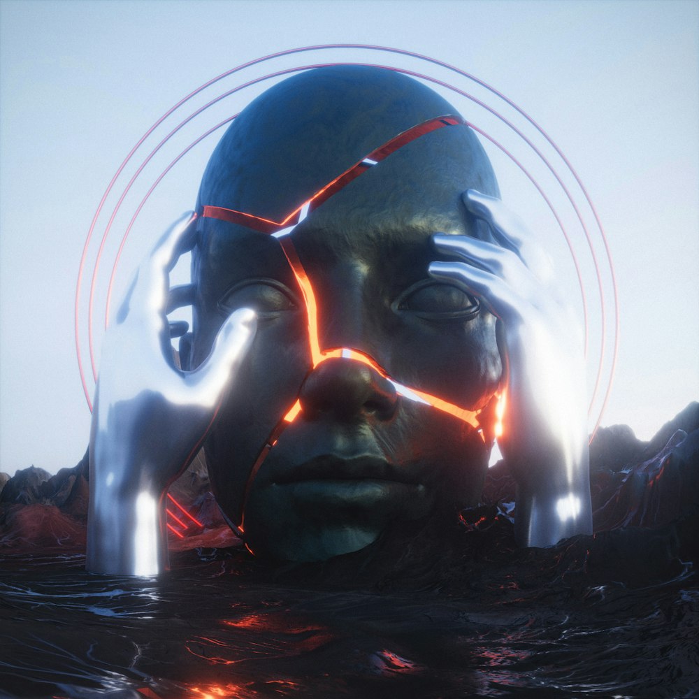 a woman's face with glowing lights in the water