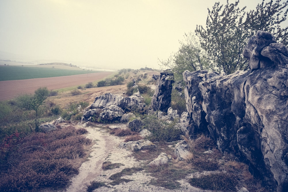 um caminho de terra entre duas grandes rochas em um campo