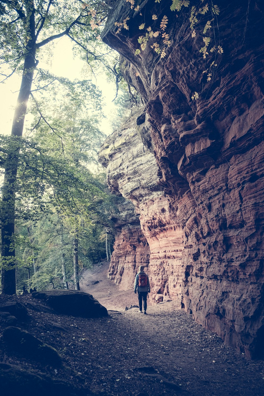 a person walking down a path between two large rocks