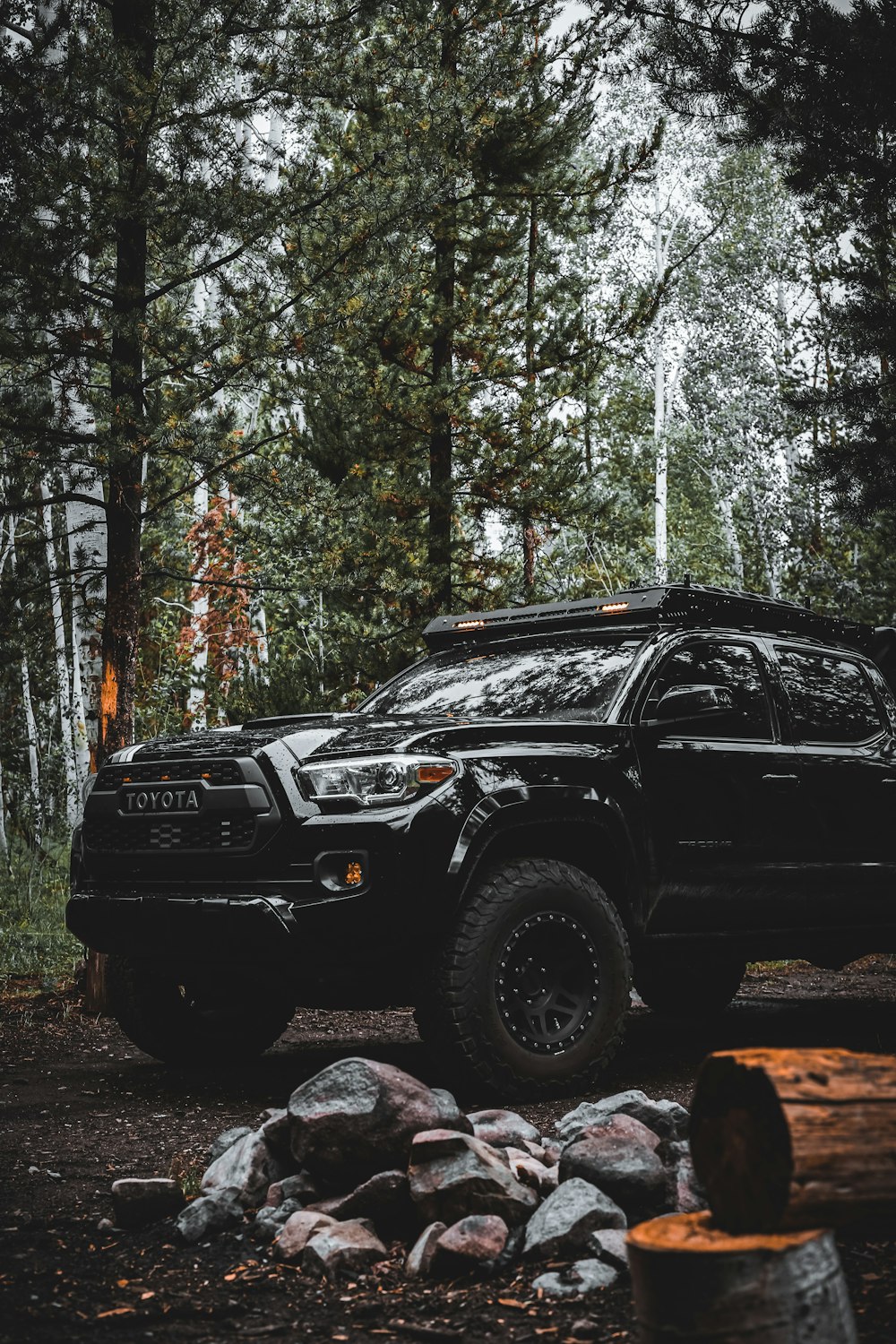a black truck is parked in the woods