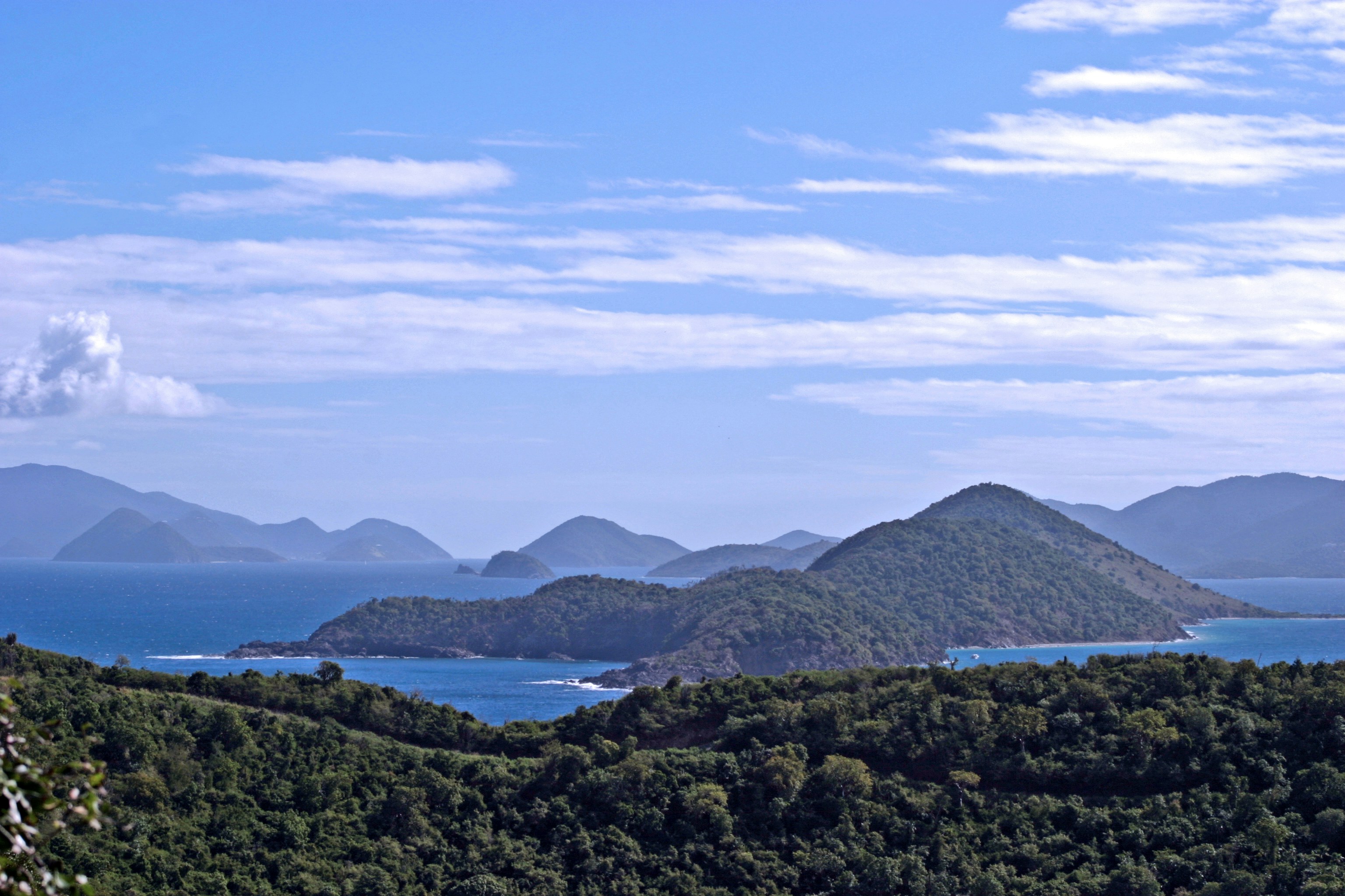 View north east of Virgin Islands and British Virgin Islands from Mandahl hillside..