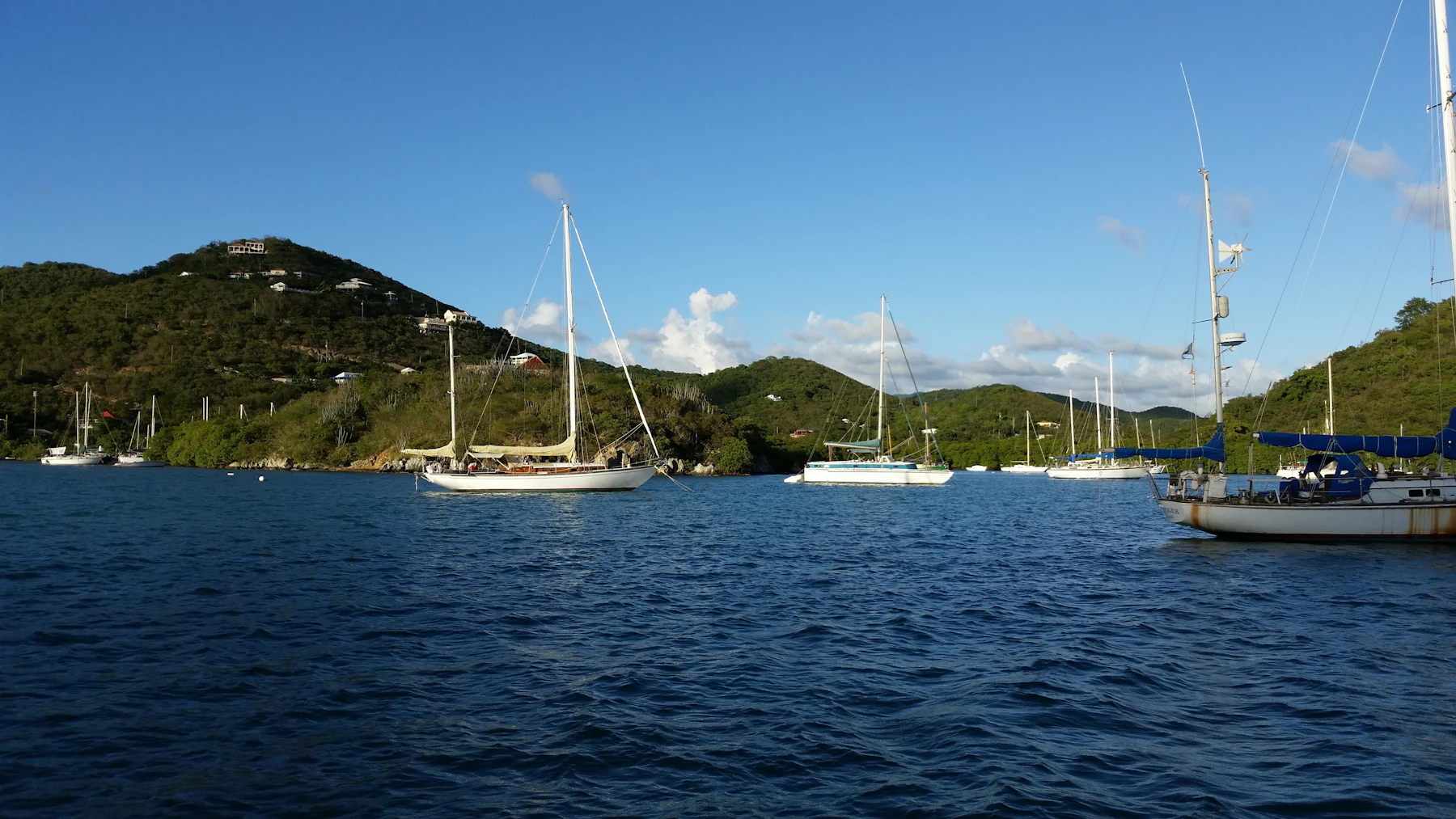 Several sailboats moored in a calm green-hilled bay