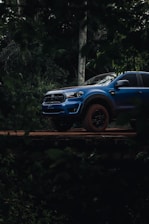 a blue pick up truck parked in the woods