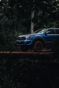 a blue pick up truck parked in the woods