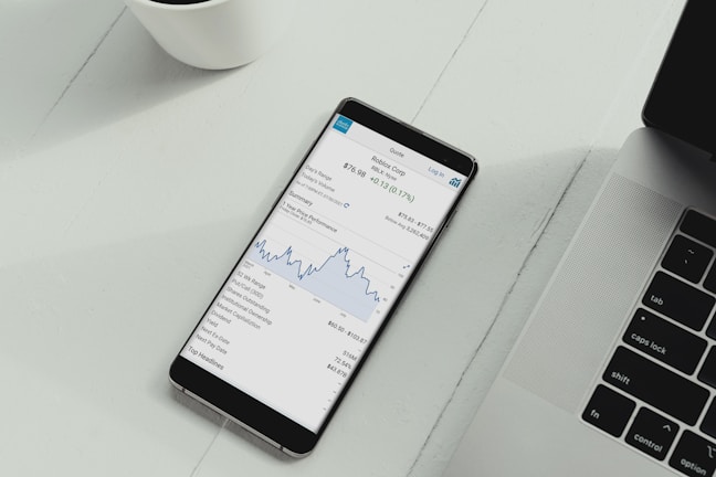 A smartphone is placed on a white desk showing a stock trading app with a line graph and financial details. Next to the phone is the keyboard of a laptop, and a white cup is in the top left corner.