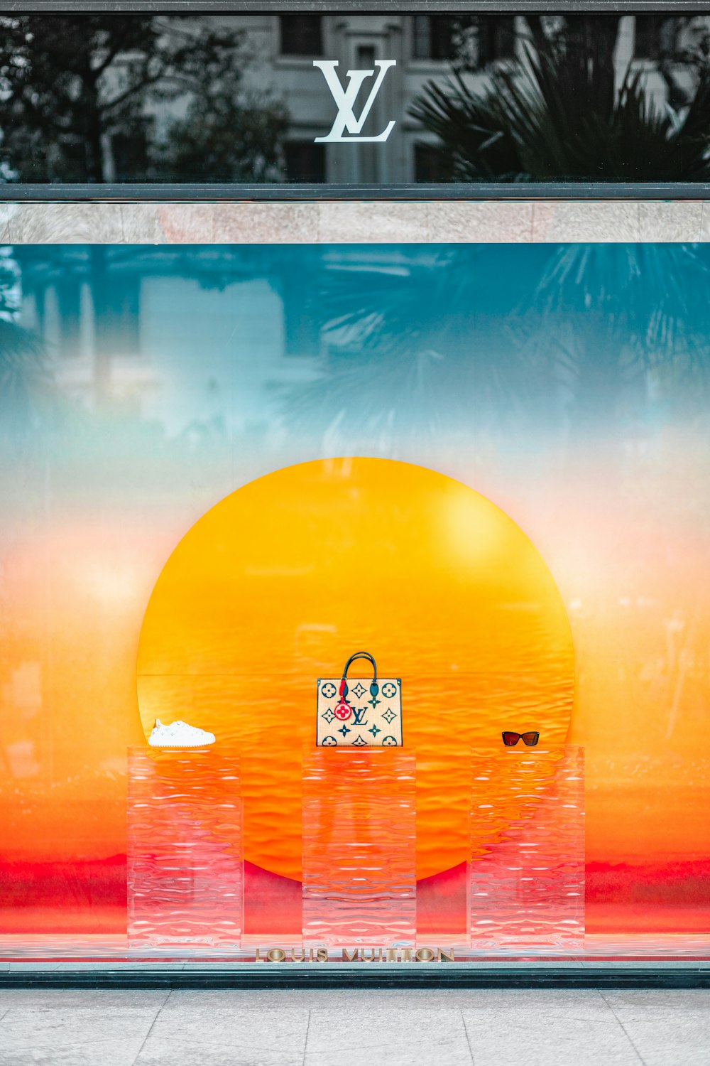 a window display with a handbag in the window