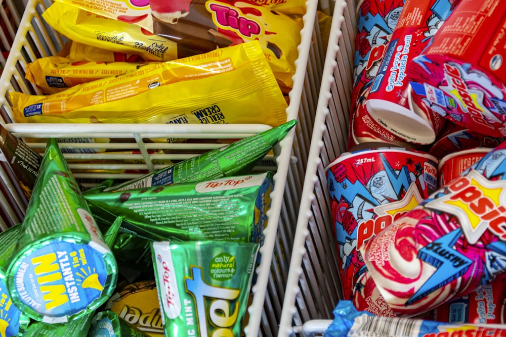 a basket filled with lots of different types of snacks