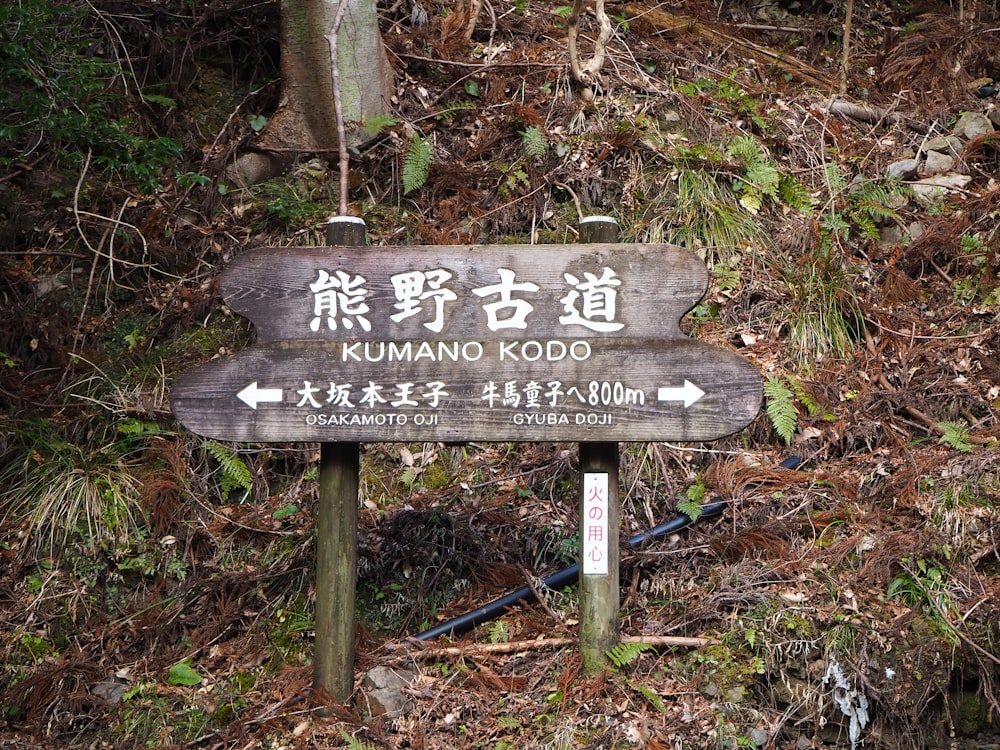 森の真ん中にある木製の看板