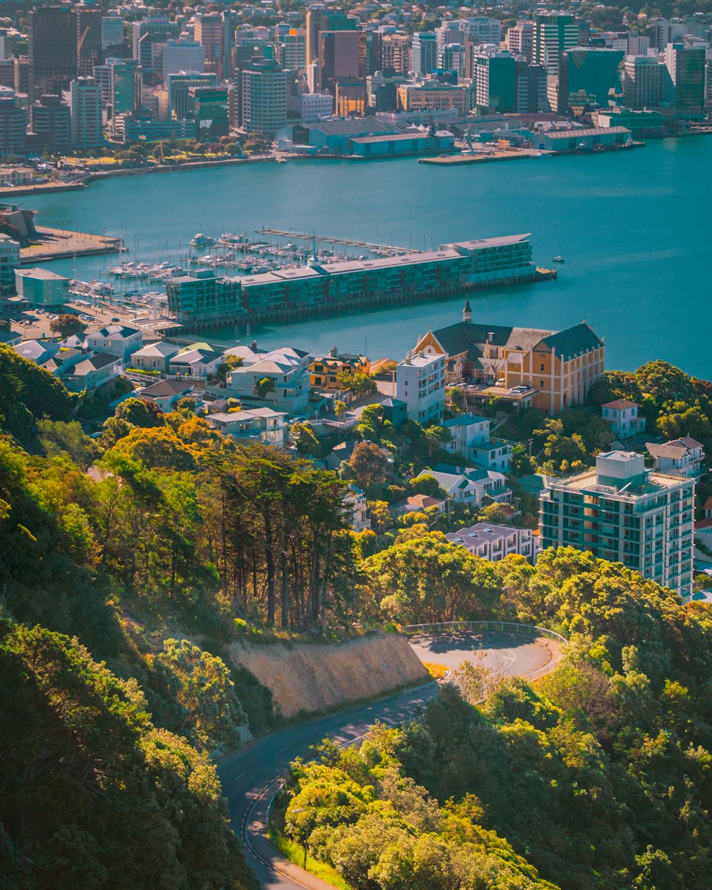 a large body of water with a city in the background