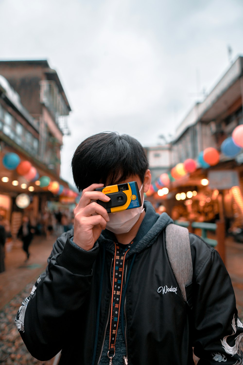 a man holding a camera up to his face