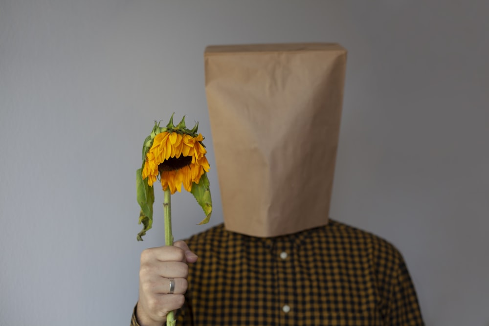 a person with a paper bag on their head holding a sunflower