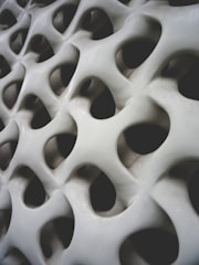 Organic, three-dimensional surface with smooth, flowing curves and multiple holes resembling a honeycomb or biological structure.
