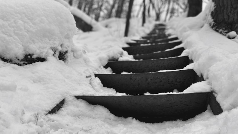 a set of steps covered in snow next to a tree