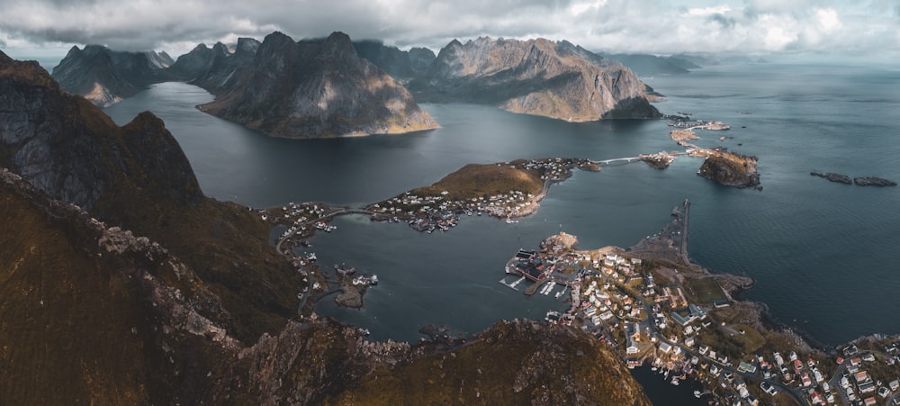 a bird's eye view of a small village on an island