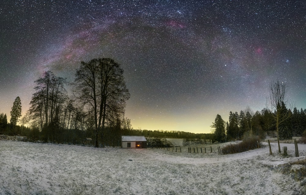 a snowy field with trees and a house under a night sky