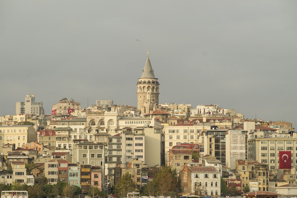 a view of a city with a large tower