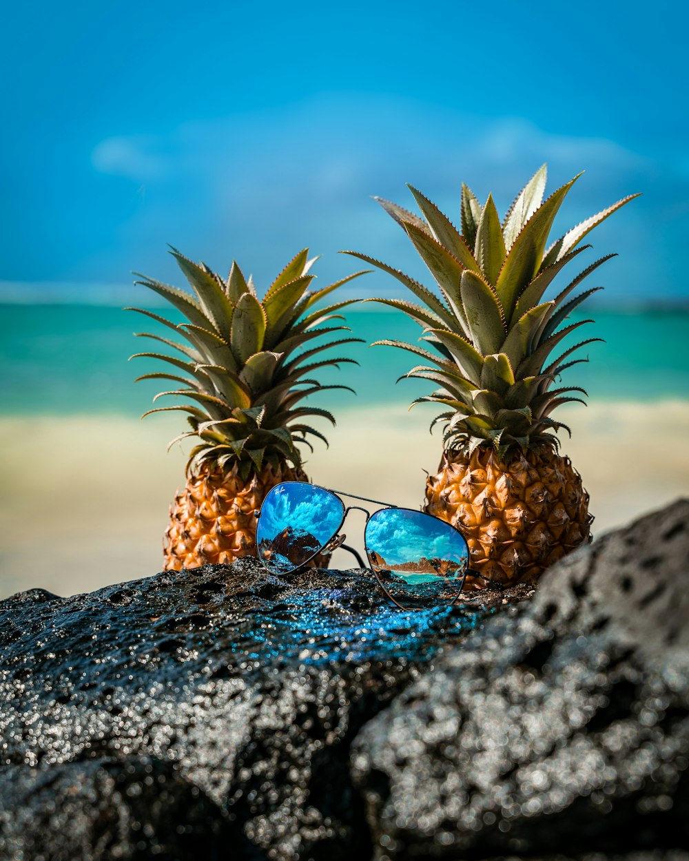 two pineapples with sunglasses on a rocky beach
