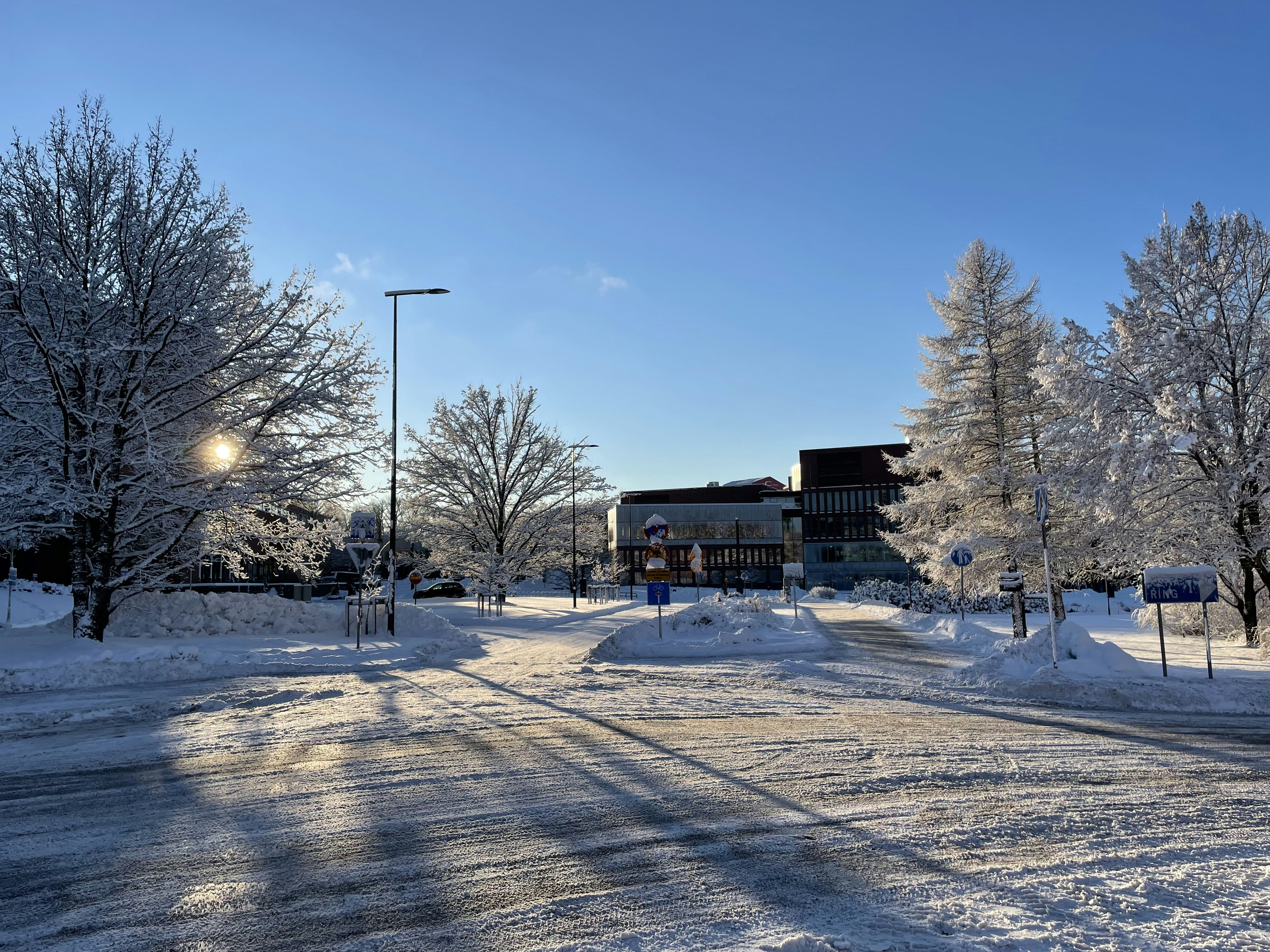 a snowy road with a building in the background