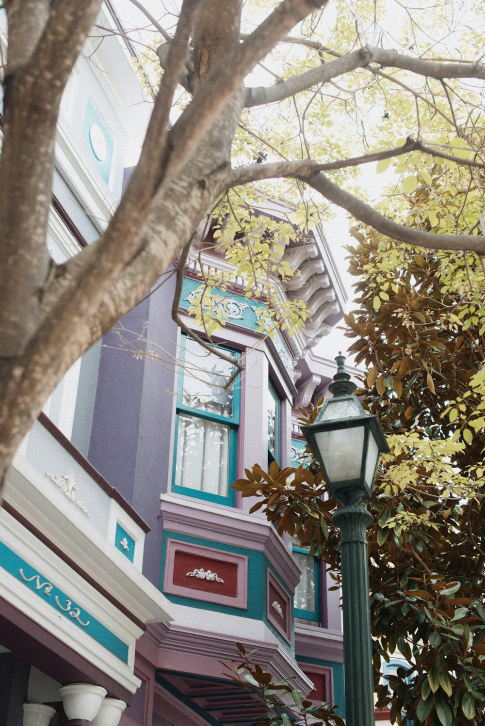 a street light in front of a building