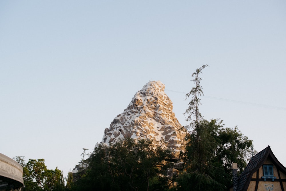 a tall mountain covered in snow next to a forest