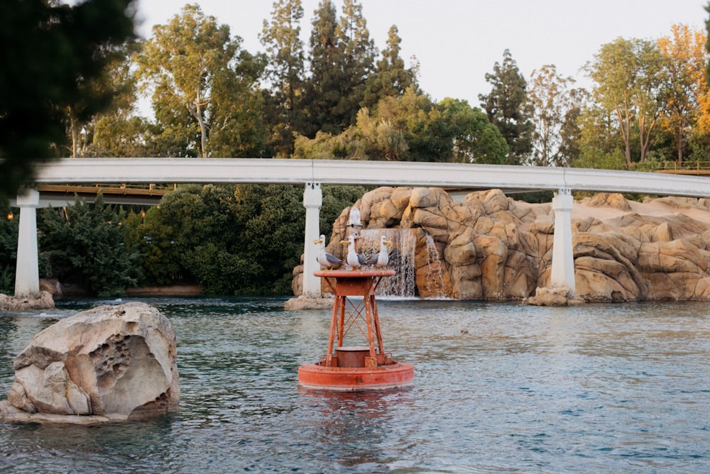 a red buoy floating on top of a lake next to a bridge