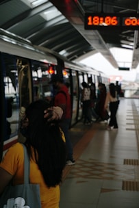A group of customers entering a train from the platform. Rail customer experience