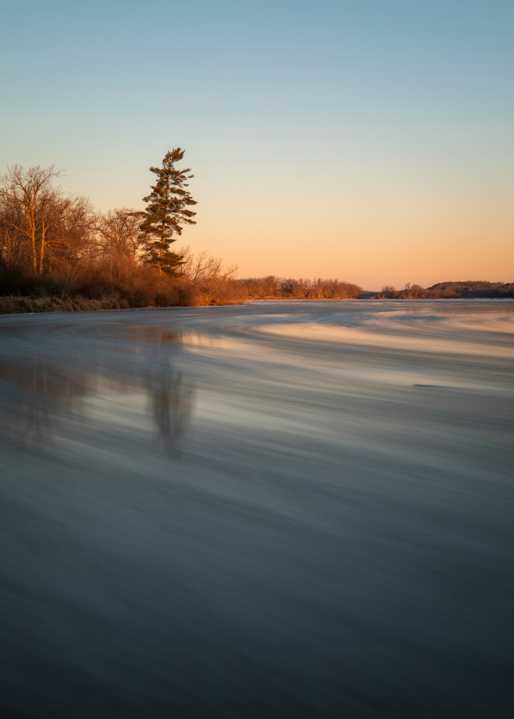 a body of water with trees in the background