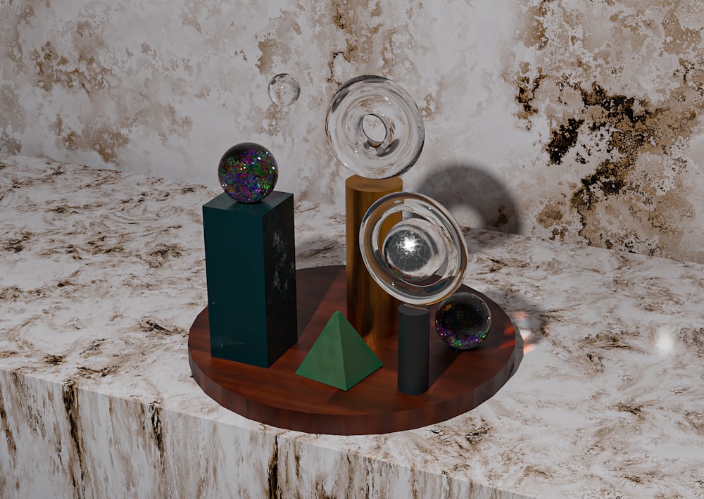 a group of glass objects sitting on top of a table