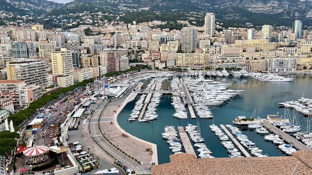 a harbor filled with lots of boats next to a city