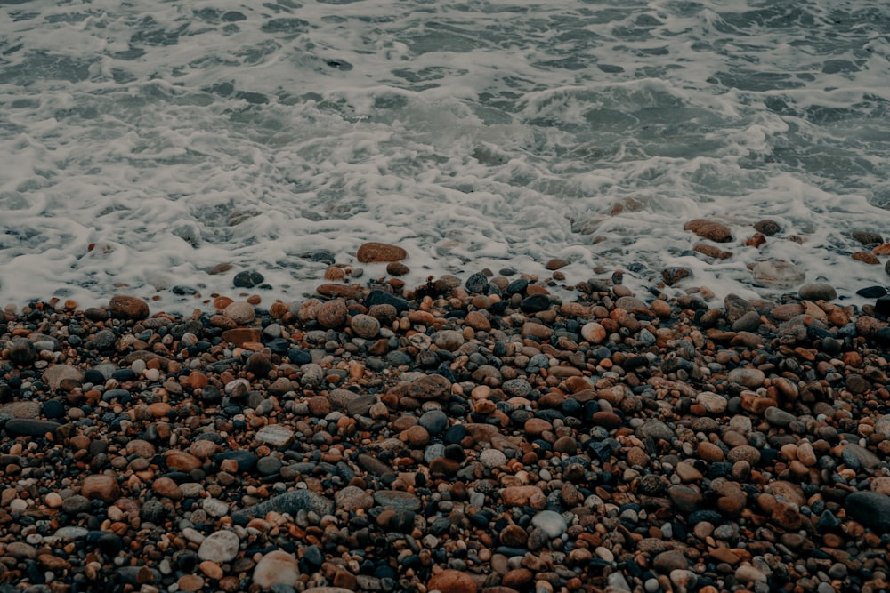 a bunch of rocks on the beach next to the water