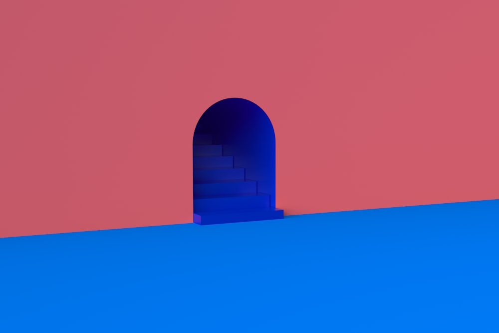 a blue arch on a pink and blue background