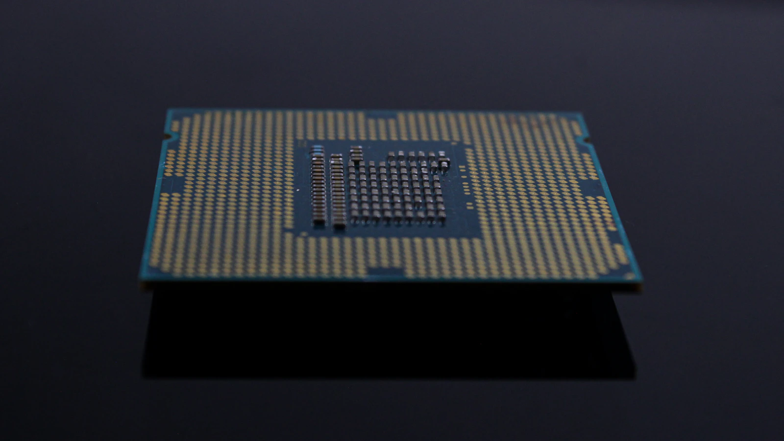 Underside of a processor package in a macro photograph