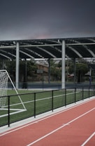 An outdoor sports facility featuring a running track and a soccer goal. The track is red, surrounded by a black metal fence, and the field is covered with artificial green turf. In the background, a basketball court is visible under a covered roof with metal supports. The sky is overcast, adding a moody atmosphere.