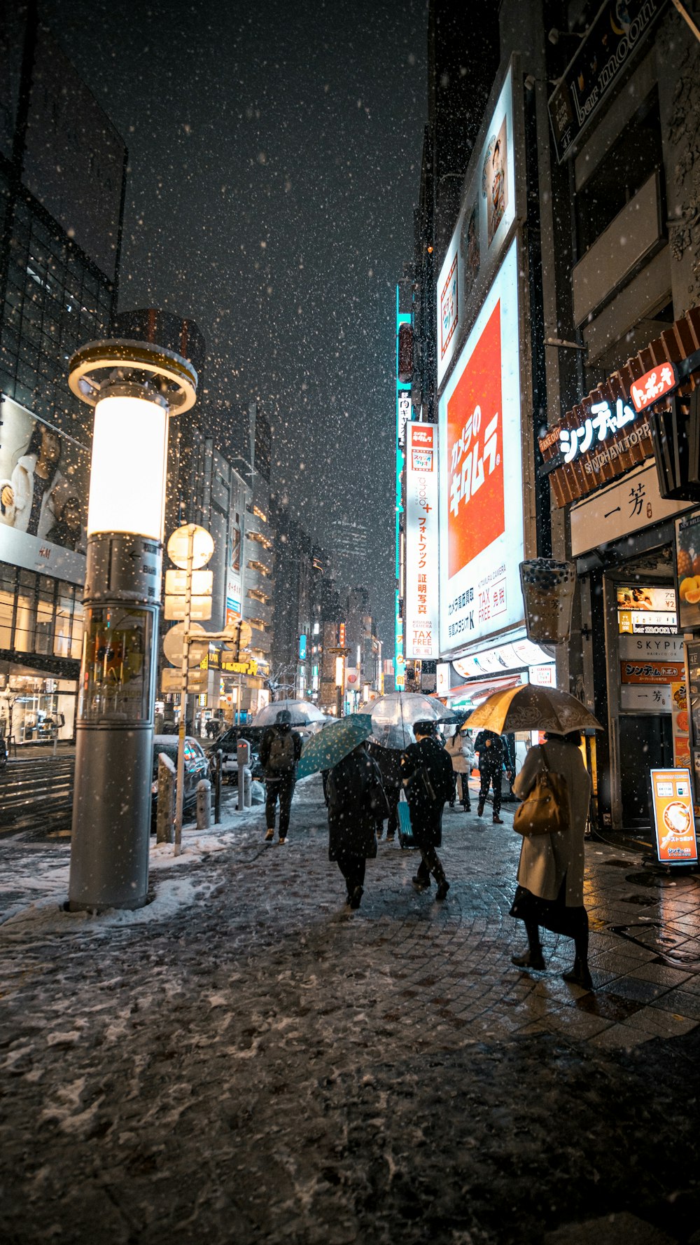 a group of people walking down a snow covered street