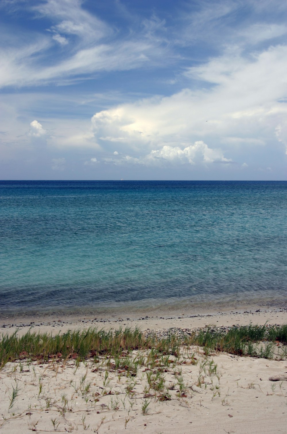 a view of the ocean from a sandy beach