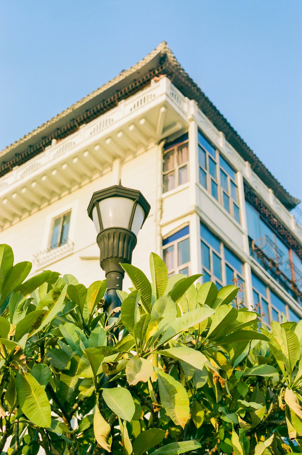 a street light in front of a building